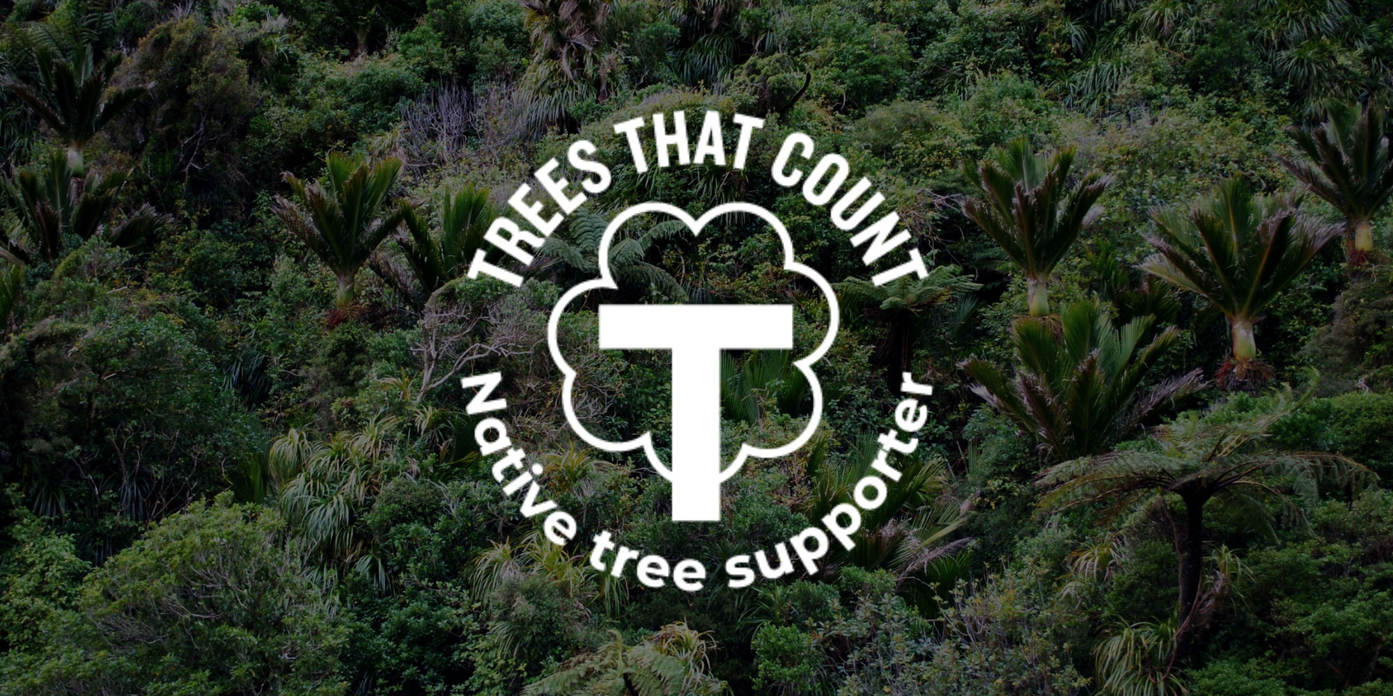 Trees that count logo against native New Zealand bush