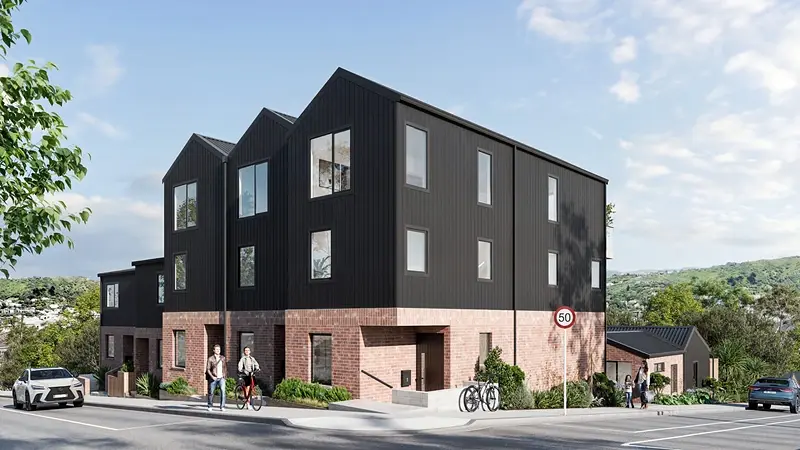 Render of the 118 Wadestown Road townhouses in Wadestown, Wellington, showing dark vertical cladding over brick with aluminium windows on the corner of Hanover Street