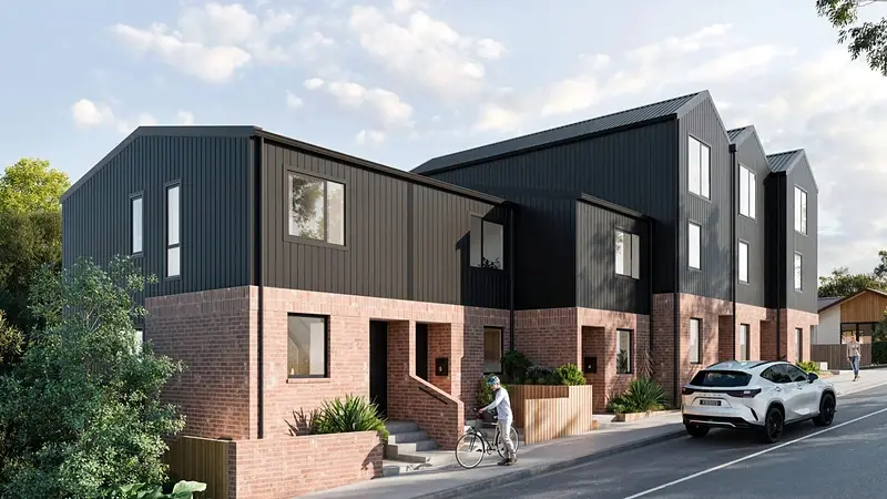 Render of the street frontage of 118 Wadestown Road, Wellington, showing brick-based townhouses with entry steps and aluminium windows
