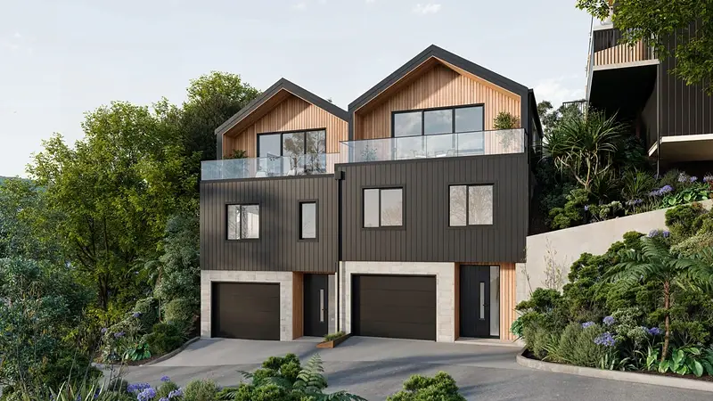 Render of two townhouses at 118 Wadestown Road, Wellington, with timber-clad gables, glass-balustrade balconies, aluminium sliding doors and garages