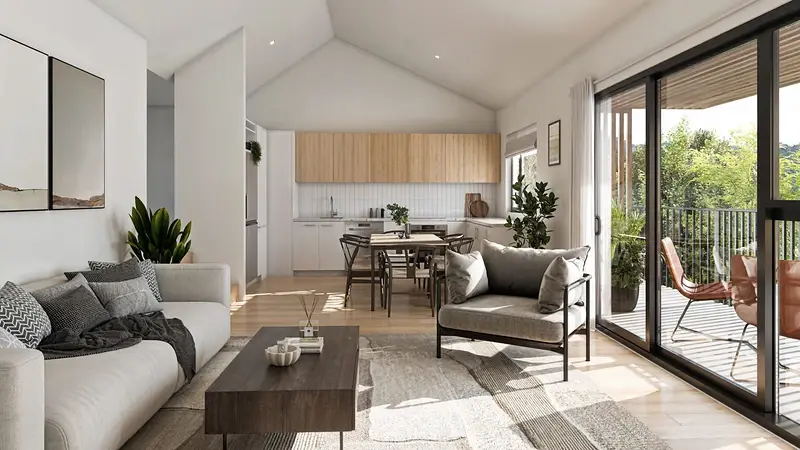 Render of an open-plan living and kitchen area at 118 Wadestown Road, Wellington, with a large aluminium sliding door to a deck