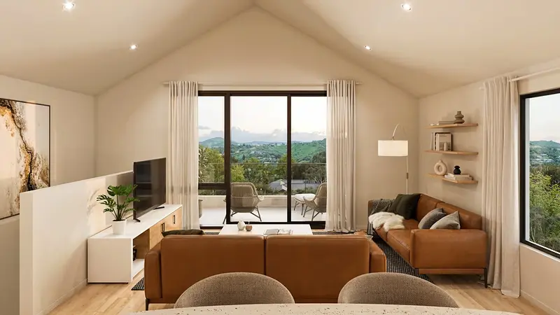 Render of an upstairs living room at 118 Wadestown Road, Wellington, with a vaulted ceiling and an aluminium sliding door to a balcony with hill views