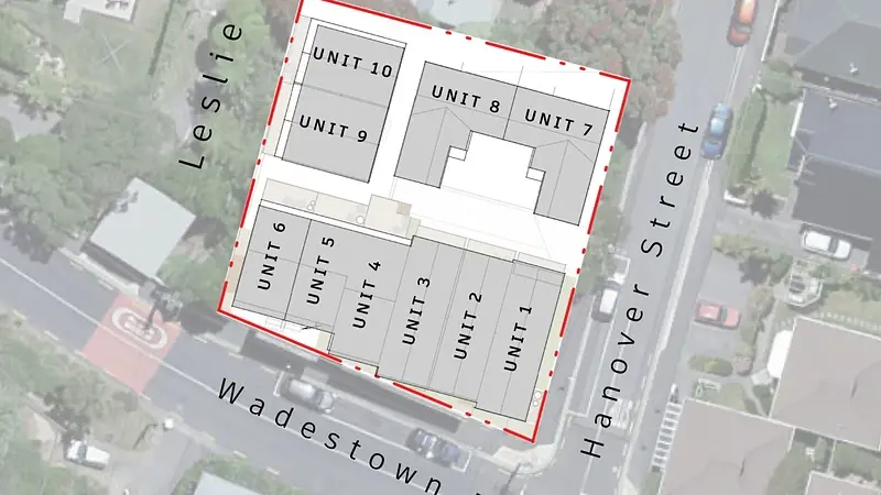 Site plan of 118 Wadestown Road, Wellington, showing Units 1 to 10 between Wadestown Road, Hanover Street and Leslie Street