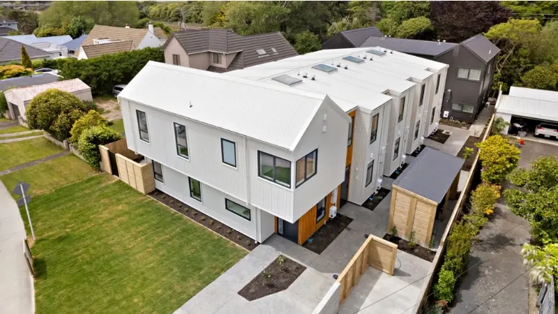 Aerial view of multi-residential townhouse development in Tawa Wellington featuring aluminium windows and doors by UNO