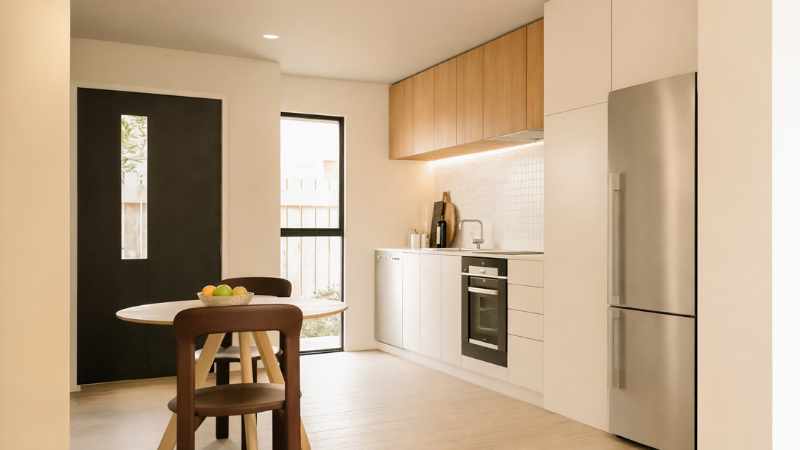 Contemporary townhouse kitchen with natural timber cabinetry, modern appliances, and aluminium windows providing natural light.