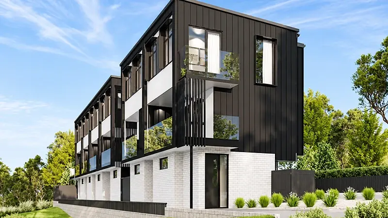 Architectural render of the 24 Haumia Street multi-residential development in Johnsonville, Wellington, with Matt Black aluminium joinery, dark vertical cladding and white brick