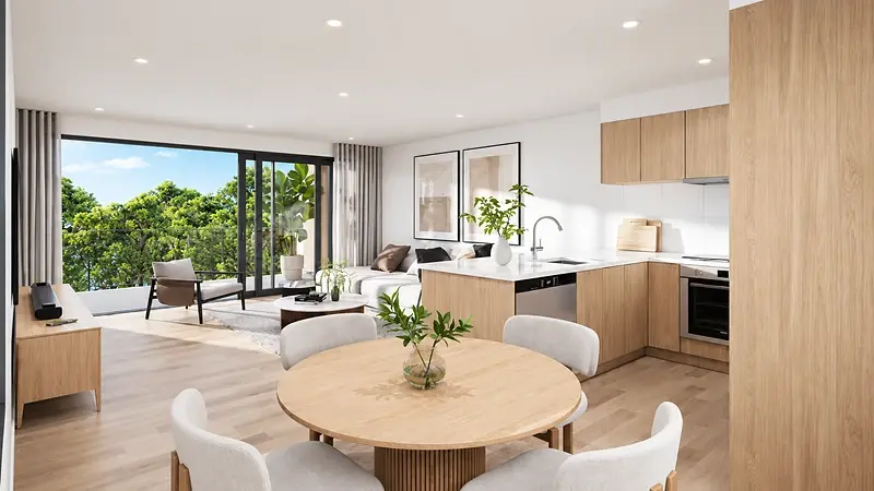 Render of an open-plan living, dining and kitchen area at 24 Haumia Street with black-framed stacking doors opening to a balcony