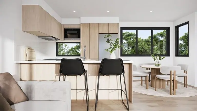 Render of a kitchen and dining area at 24 Haumia Street with black aluminium windows above the benchtop and beside the dining table