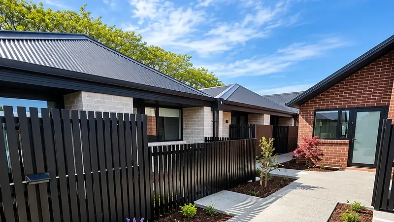 Landscaped pathway between brick homes at 299 Levers Road, Matua, Tauranga, with dark slatted fencing and aluminium windows