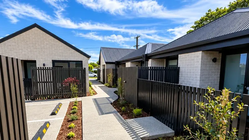 Shared pathway at 299 Levers Road, Matua, Tauranga, running past brick homes and parking spaces