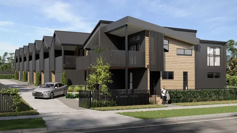 Architectural render of the 41 Whitemans Road multi-residential development in Upper Hutt, showing the street-facing townhouses with black aluminium joinery.