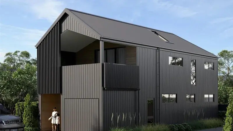 Render of a two-storey townhouse at 41 Whitemans Road with dark vertical cladding and black aluminium windows.