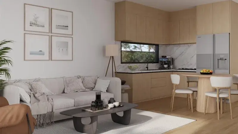 Render of an open-plan living and kitchen area at 41 Whitemans Road with a black-framed aluminium window above the benchtop.