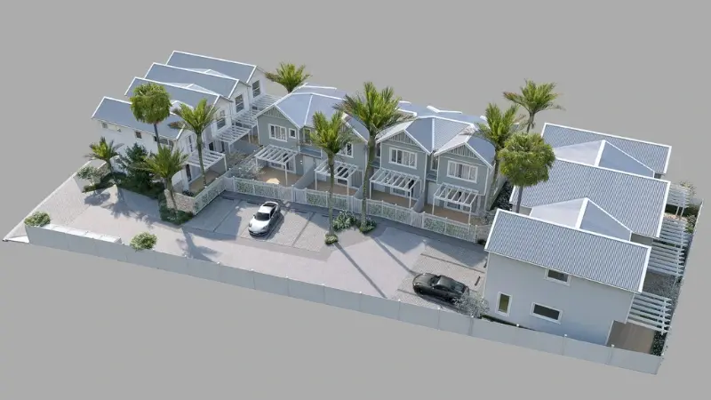 Architectural render of a townhouse development with multiple pitched-roof homes, palm trees, parking areas, and landscaped communal spaces.