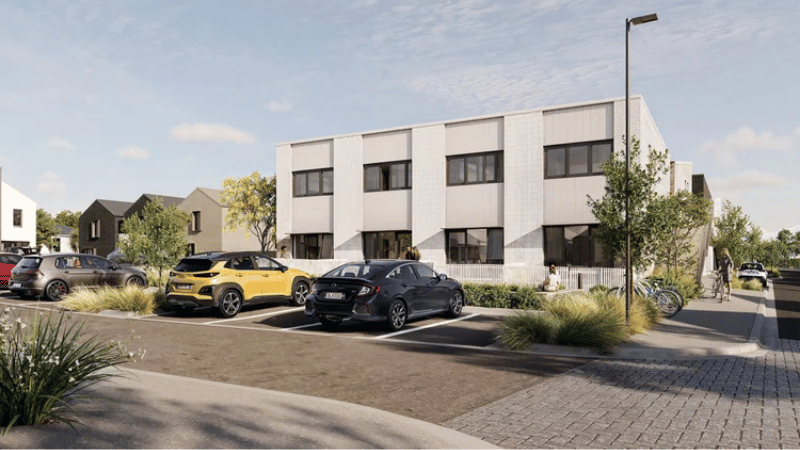 Architectural render of Campbell Village in Karori showing contemporary multi-residential homes with large aluminium windows.