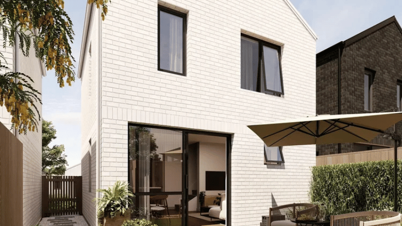 Rear exterior render of a two-storey Campbell Village home featuring large aluminium windows and sliding doors.