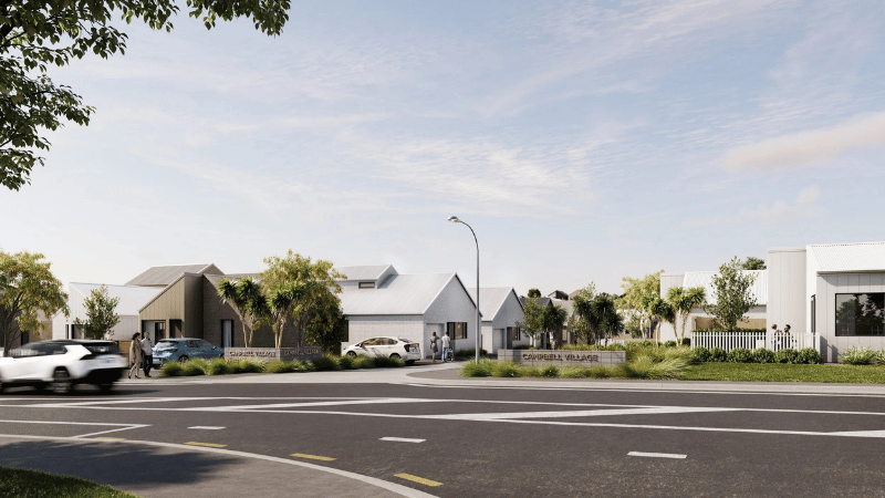 Street view render of Campbell Village in Karori showing planned standalone homes and landscaped entrance areas.