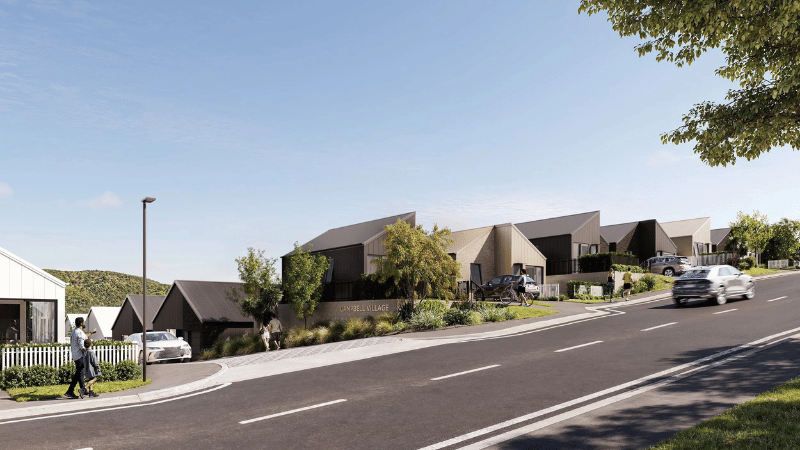 Architectural render of Campbell Village along a sloping Karori street with contemporary standalone homes and landscaping.