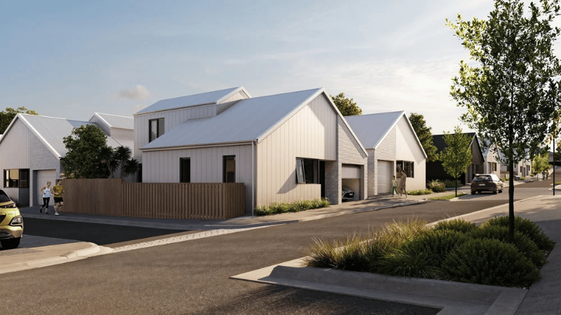 Architectural render of standalone homes planned for Campbell Village, Karori, featuring modern aluminium windows and landscaped streets.