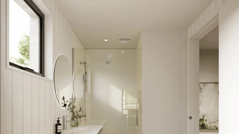 Bathroom render at Campbell Village showing an awning window providing natural light and ventilation.