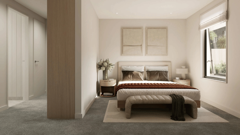 Bedroom render at Campbell Village featuring a large aluminium window overlooking landscaped outdoor areas.