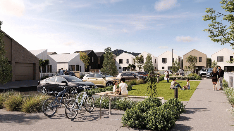 Architectural render of landscaped communal areas and contemporary homes planned for Campbell Village in Karori.