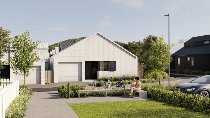 Render of a standalone Campbell Village home with garage, landscaped frontage and aluminium windows.