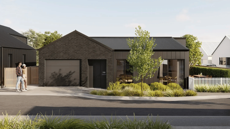 Architectural render of a dark-clad standalone home at Campbell Village with large aluminium windows and landscaped frontage.