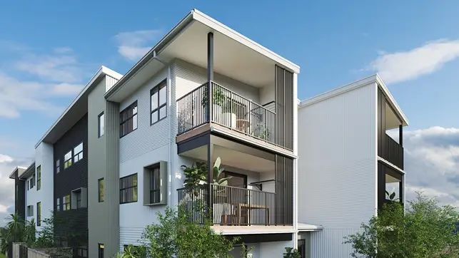 Render of the Hollard Grove multi-residential development in Avalon, Lower Hutt, showing three-storey buildings with balconies and aluminium windows and doors