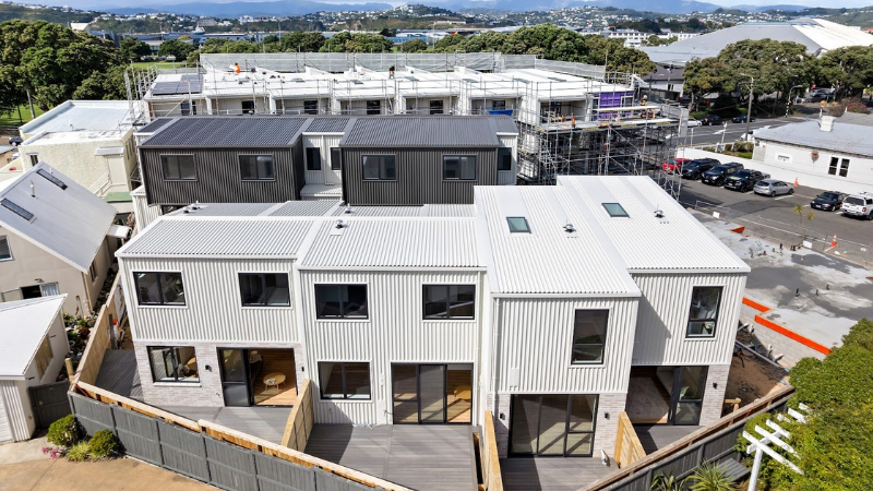 Aerial view of the St Giles Park View townhouse development under construction in Kilbirnie, Wellington.