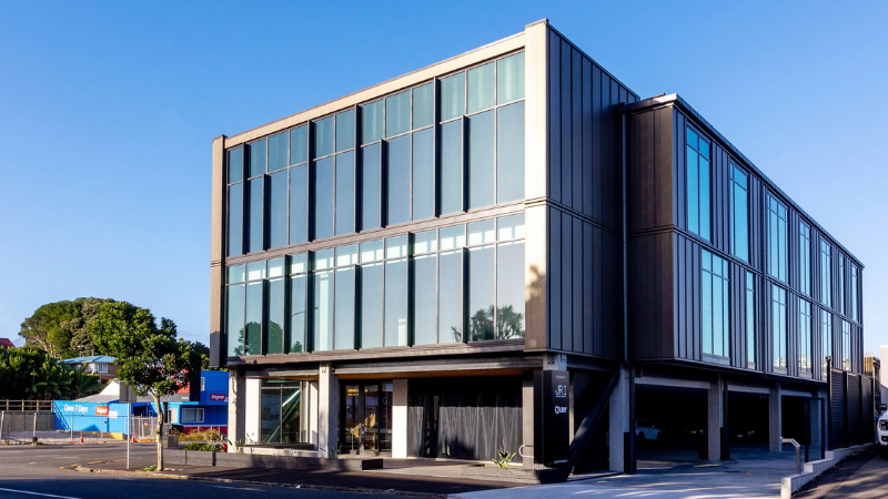 Leach Street commercial office building in New Plymouth featuring large areas of aluminium glazing.