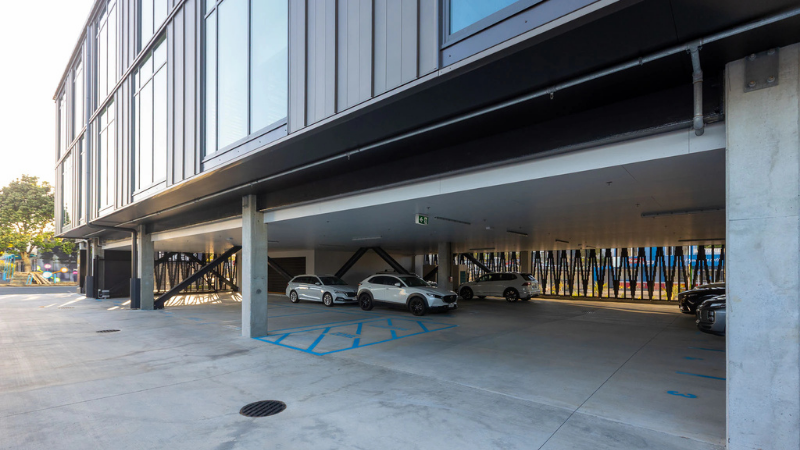 Ground-level carparking beneath the Leach Street Development commercial offices in New Plymouth.