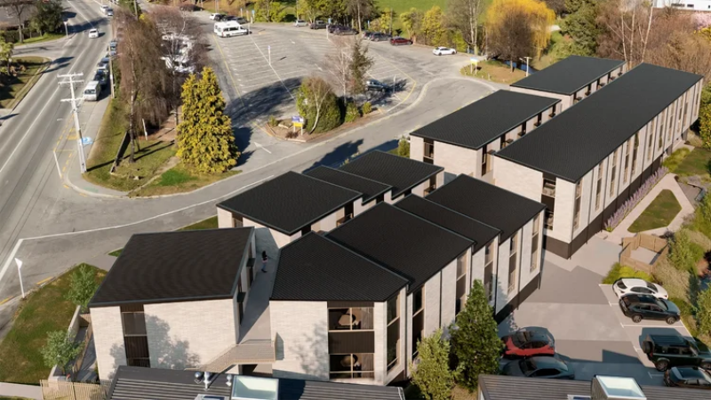 Aerial architectural render of the 34-residence Maribel Apartments development in Queenstown.