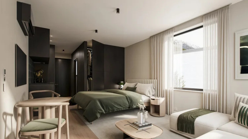 Interior architectural render of a Maribel apartment with a large window overlooking the Queenstown landscape.