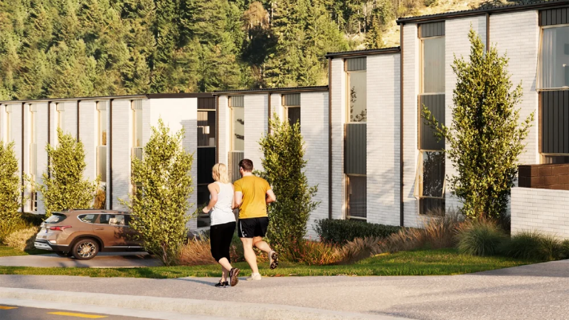 Street view architectural render of Maribel Apartments in Queenstown with mountains in the background.