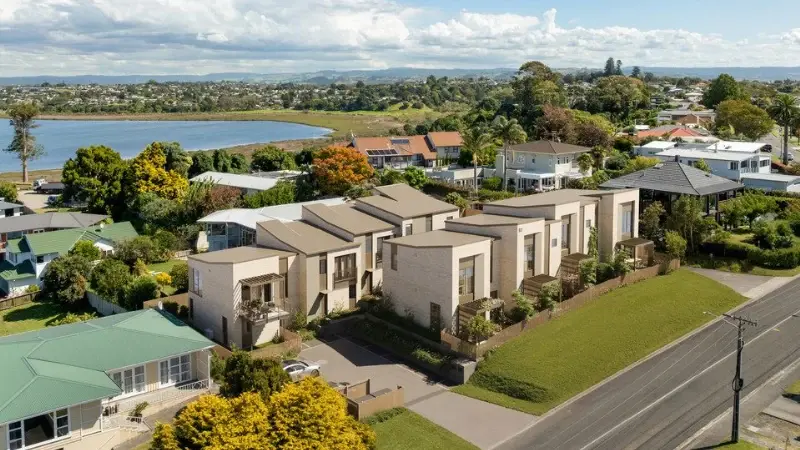 Aerial view of 30 Milton Road in Otumoetai showing the multi-residential development near the water.