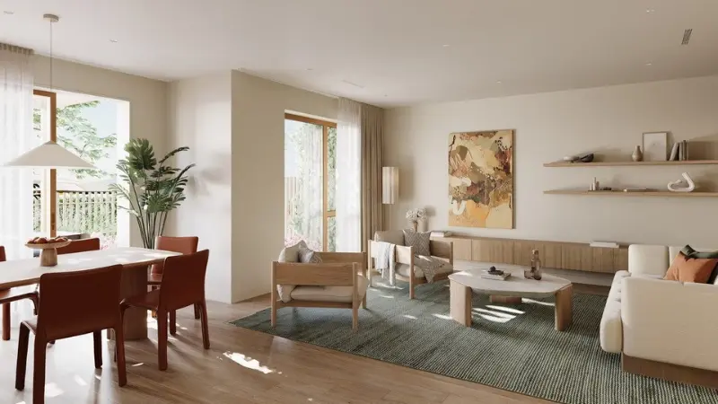 Open-plan living and dining area at 30 Milton Road with large windows and glazed doors.