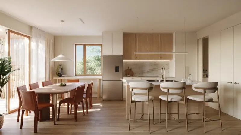 Kitchen and dining area at 30 Milton Road with aluminium windows and glazed doors