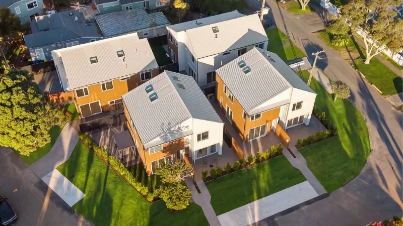 Aerial view of the completed Puriri Street development in Eastbourne with contemporary homes and aluminium window systems.