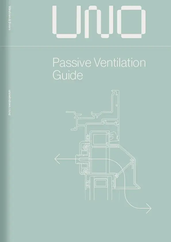 Cover page of UNO Windows & Doors' “Passive Ventilation Guide”, featuring the UNO logo, a technical window section line drawing, and soft green background. The cover highlights UNO's focus on passive ventilation through beautifully simple and efficient aluminium joinery solutions for multi-residential and light commercial projects.