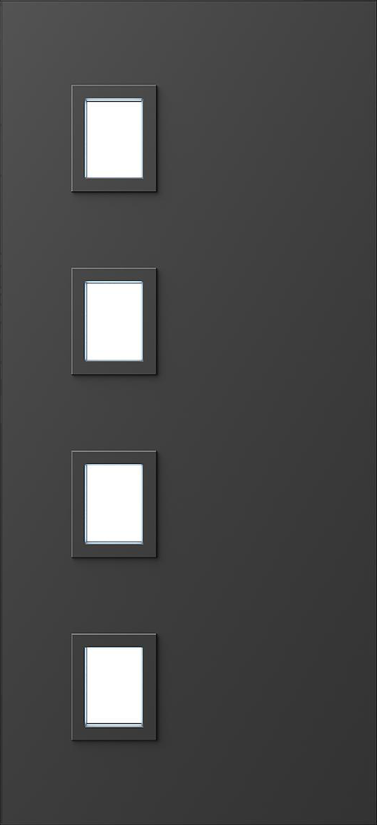 ATFL11 - Modern aluminium entrance door with four evenly spaced square glass inserts aligned vertically on the left.