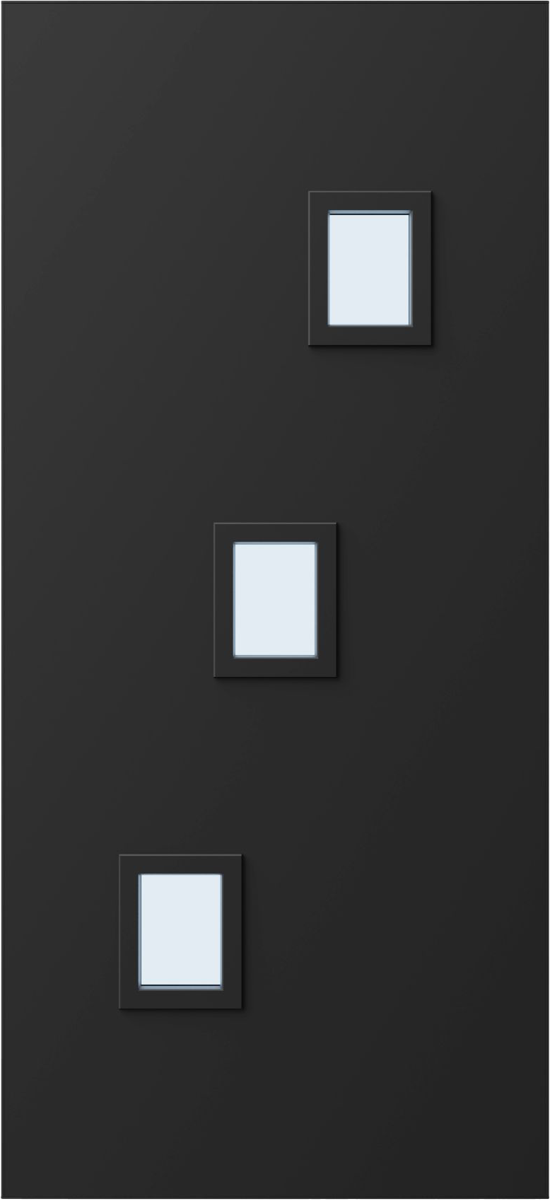 ATFL13 - Contemporary entrance door with three offset square glass inserts arranged in a stepped diagonal pattern.