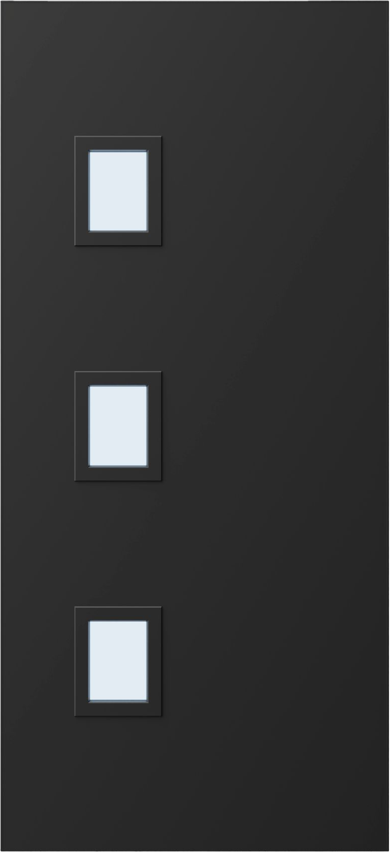 ATFL48 - Matte black aluminium entrance door with three square glass inserts stacked vertically for a modern look.