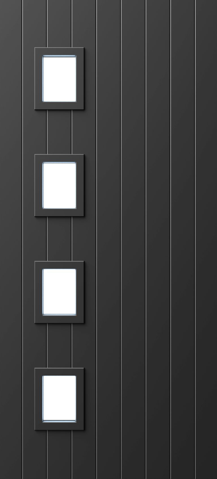 ATVV11 - Contemporary entrance door with four vertically aligned square glass inserts and vertical grooves across the panel.