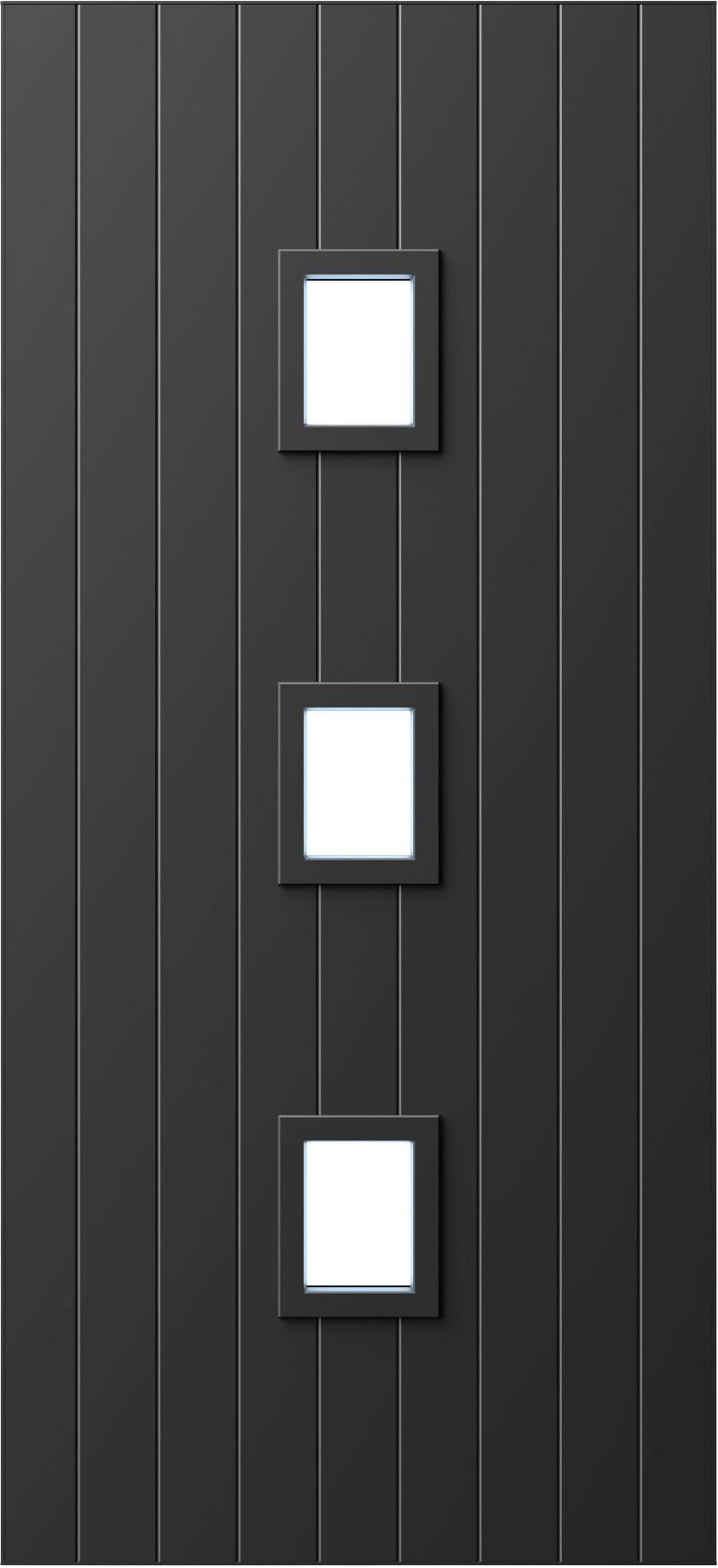 ATVV14 - Aluminium entrance door with five rectangular glass inserts stacked vertically, framed by evenly spaced vertical grooves.