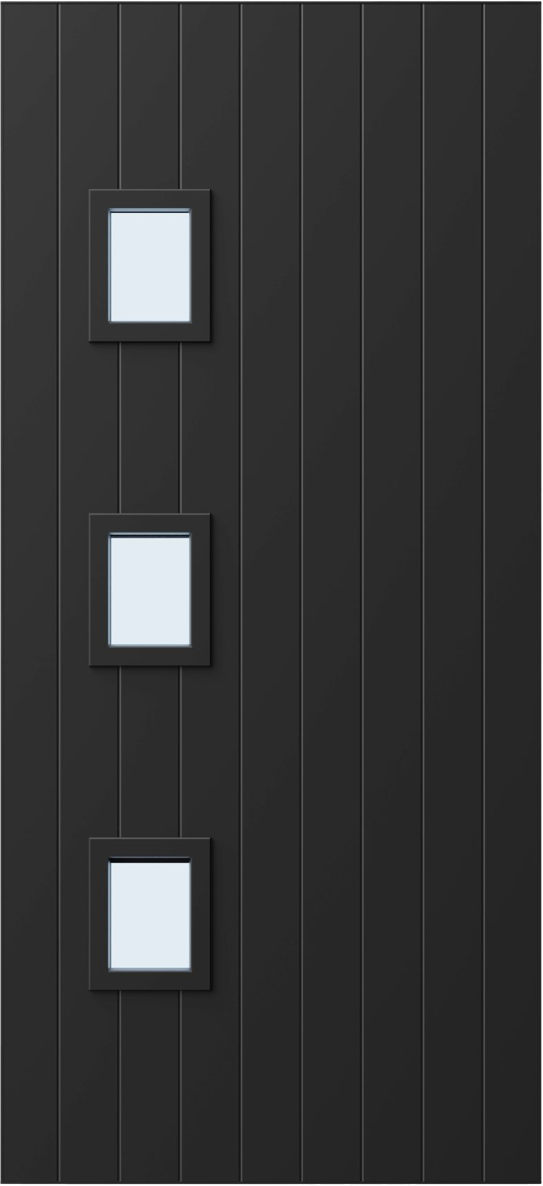 ATVV48 - Matte black entrance door with three square glass inserts aligned vertically, set against a vertically grooved panel.